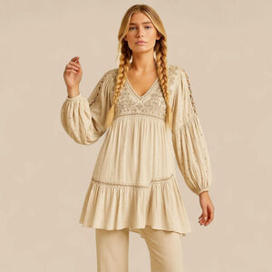 Free People Embroidered Artisan Tunic | Sun-Washed Earthy Tones Peasant Top XS